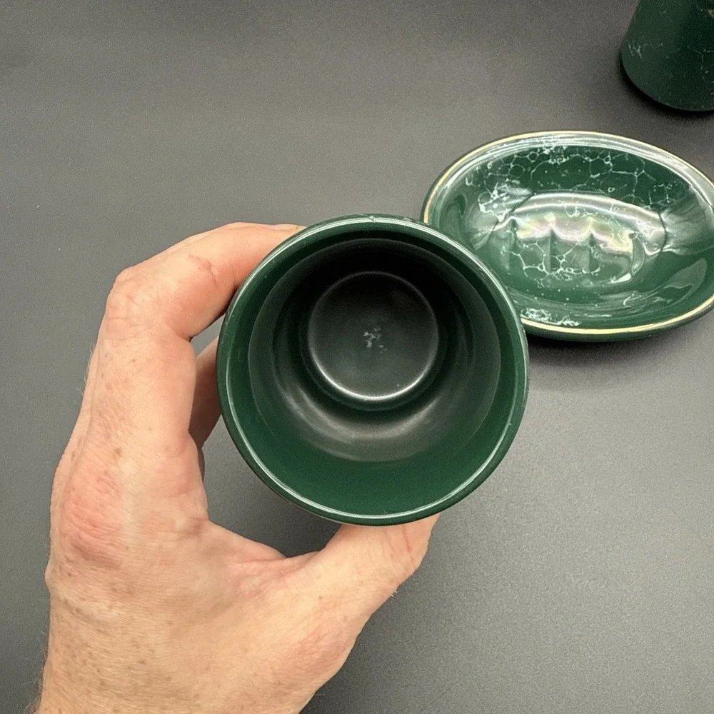 Green Marble Soap Dish Tumbler Toothbrush Holder Bathroom Set Vintage Gold Rim